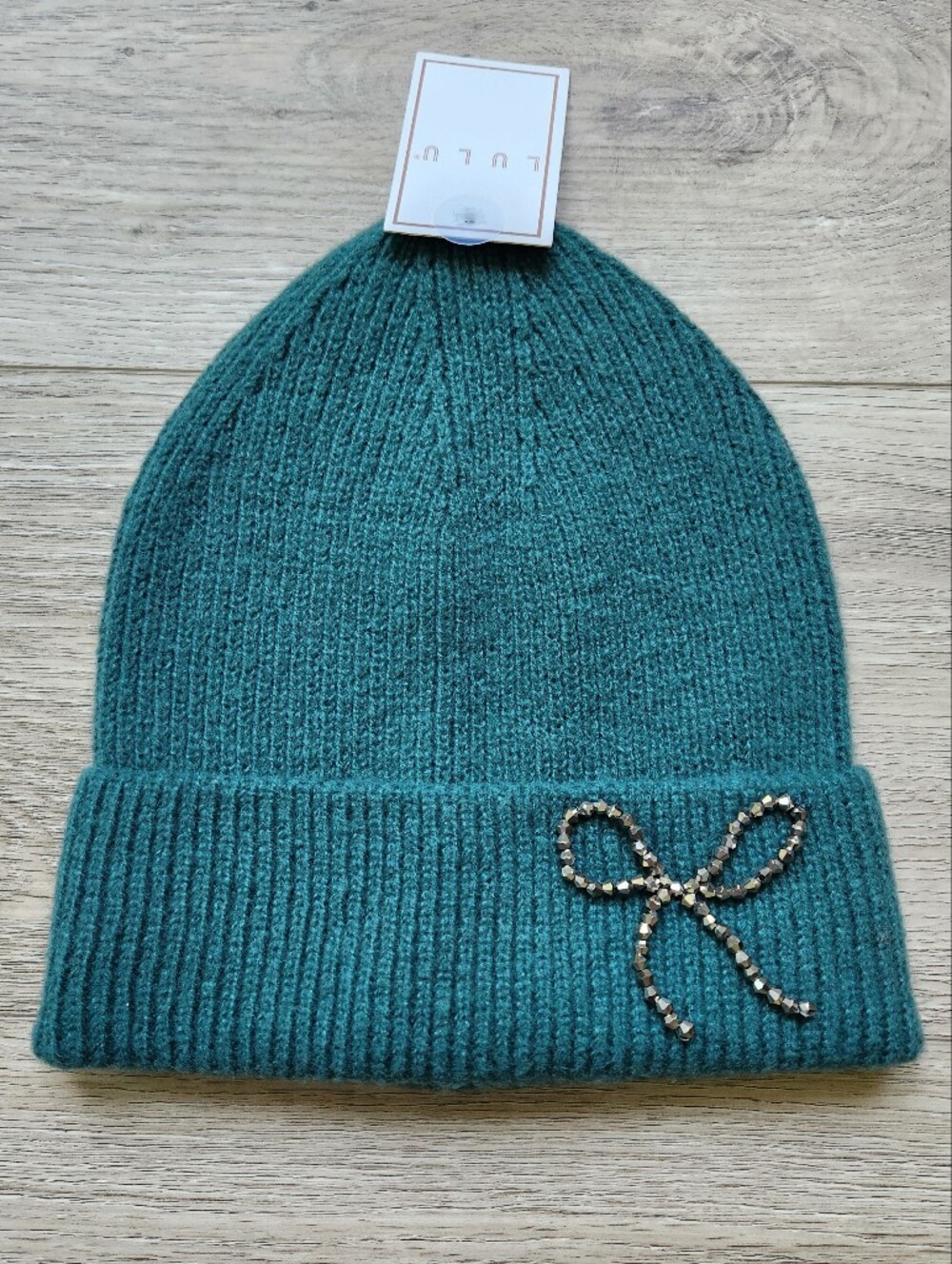 Lulu Teal Knit Beanie Hat Silver Bow Nwt Winter